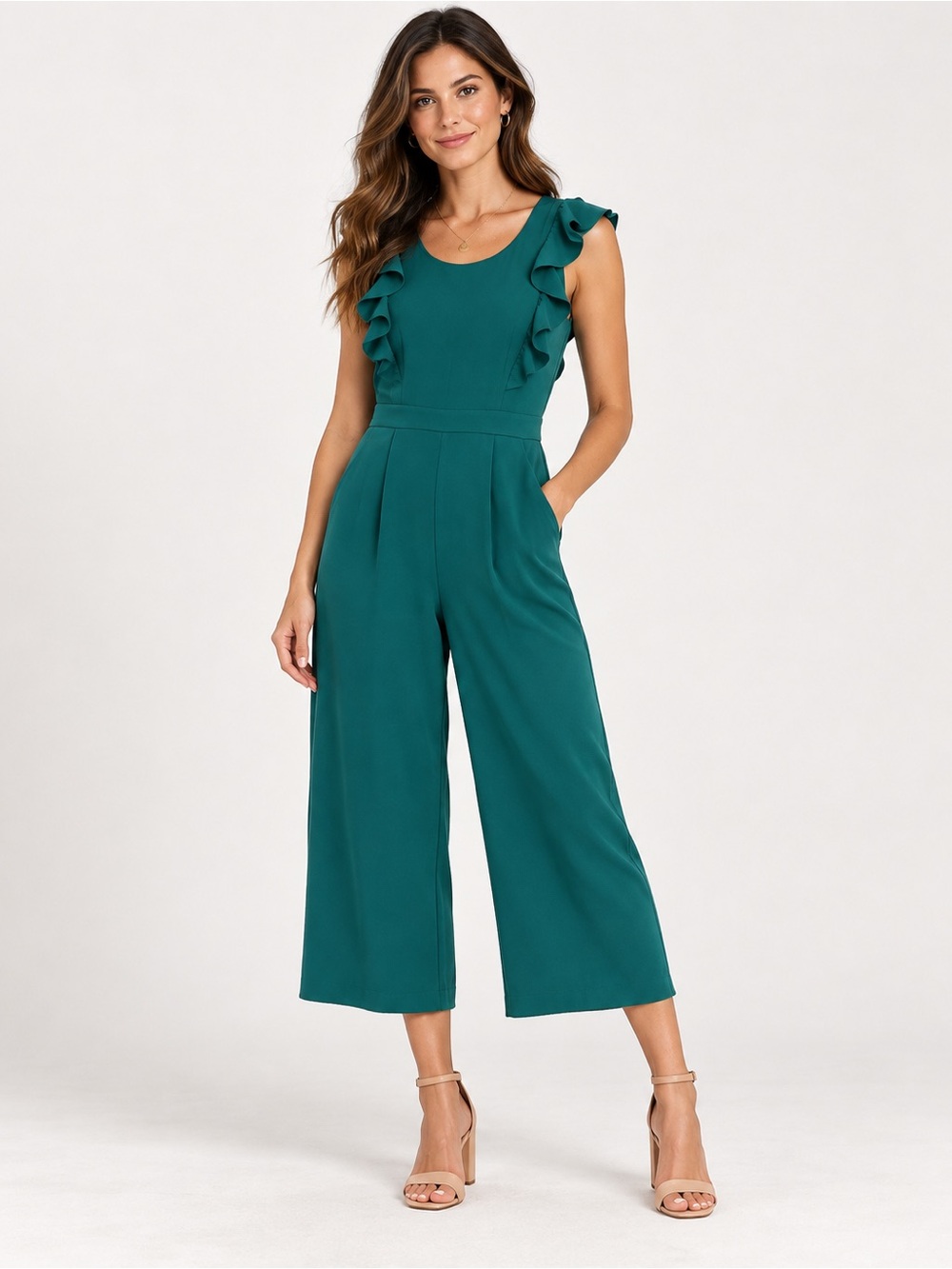 J. Crew Teal Ruffle-Sleeve Wide-Leg Jumpsuit